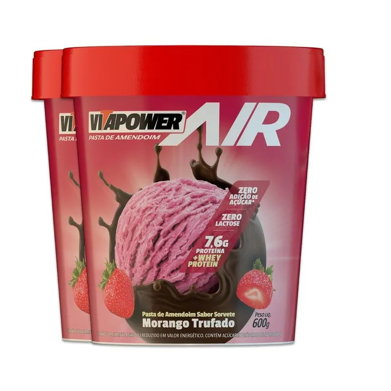 Kit 2 Pasta De Amendoim Vitapower Whey Morango Trufado 600g