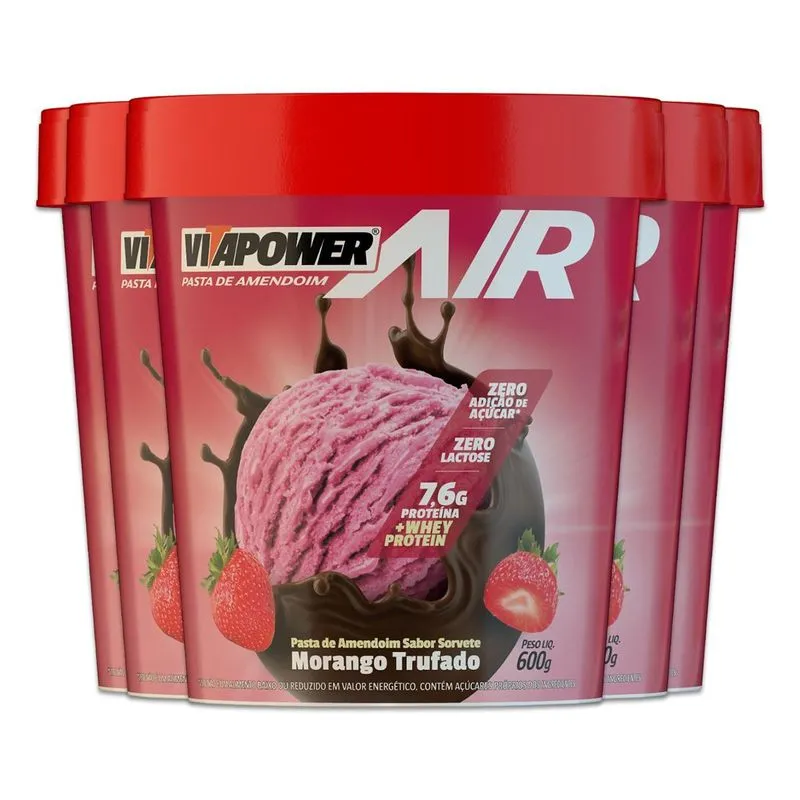Kit 5 Pasta De Amendoim Vitapower Whey Morango Trufado 600g