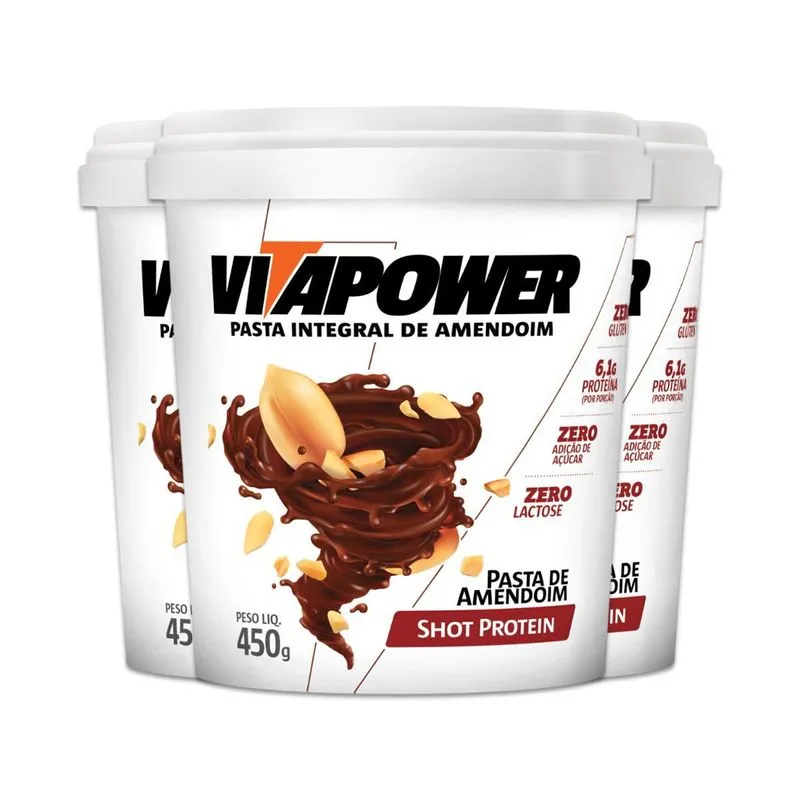 Kit 3 Pasta De Amendoim Vitapower Integral Shot Protein 450g