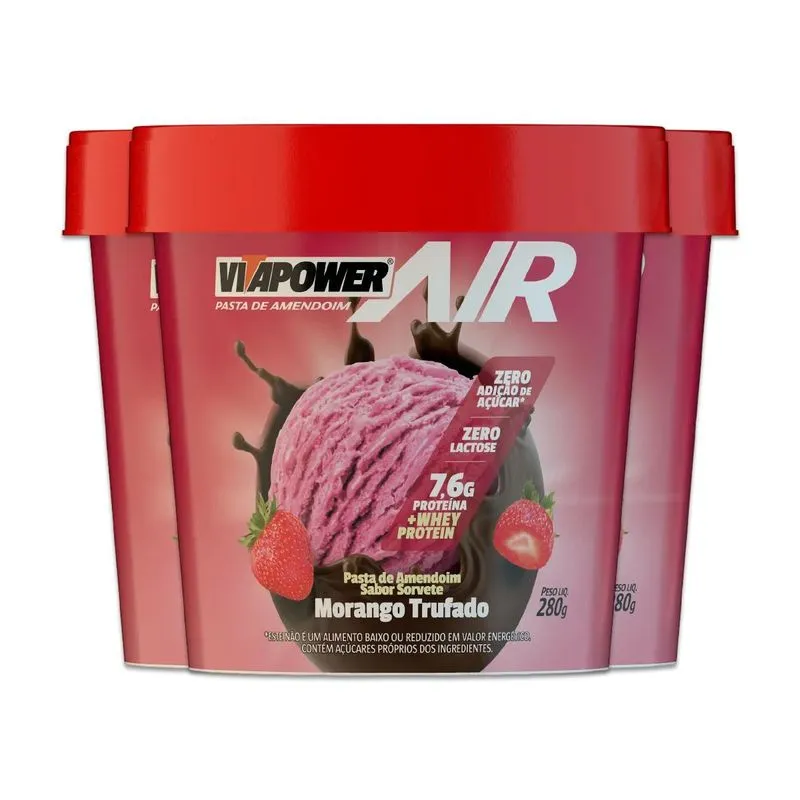 Kit 3 Pasta De Amendoim Vitapower Whey Morango Trufado 280g