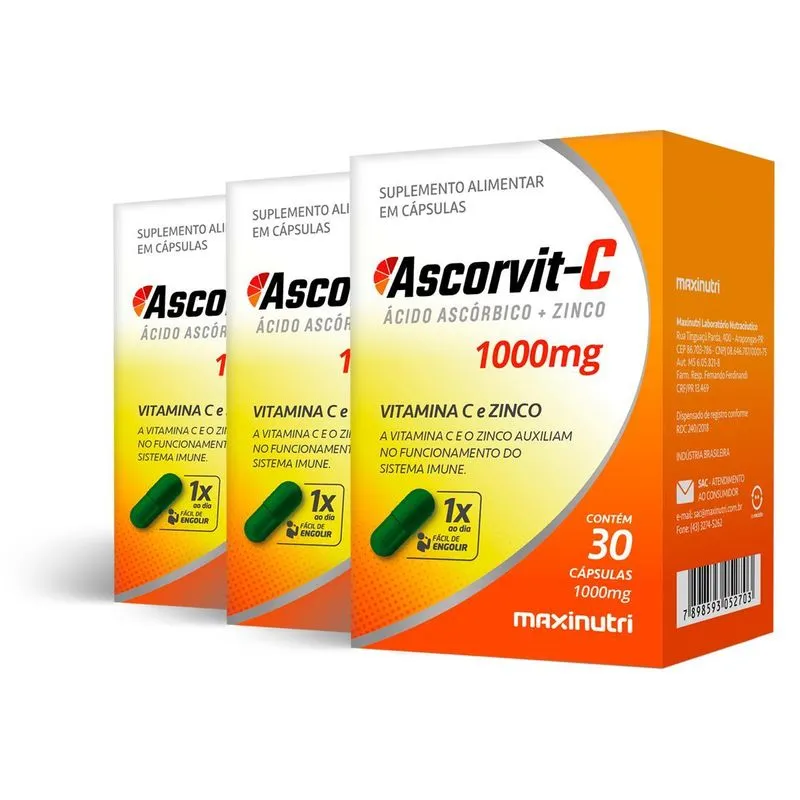 Kit 3 Ascorvit-c Maxinutri 30 Cápsulas