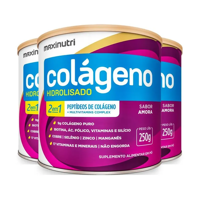 Kit 3 Colágeno Hidrolisado 2 Em 1 Maxinutri 250g Amora