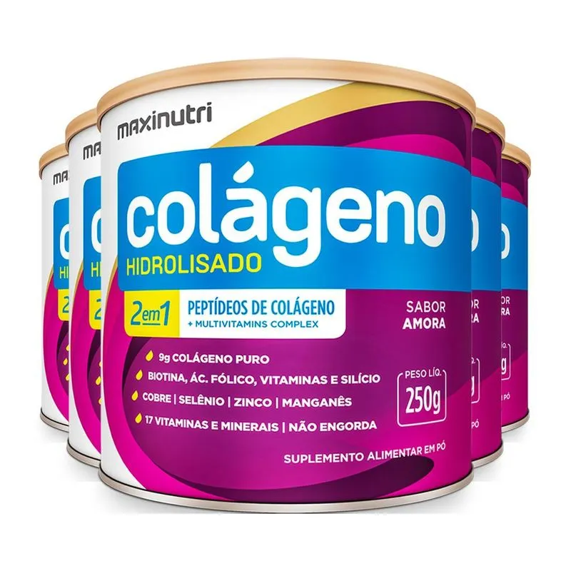 Kit 5 Colágeno Hidrolisado 2 Em 1 Maxinutri 250g Amora