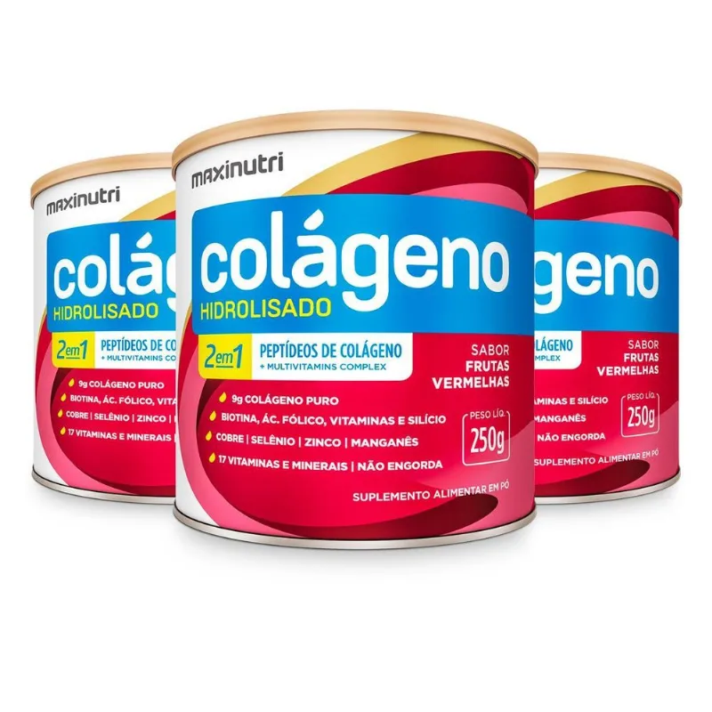 Kit 3 Colágeno Hidrolisado Maxinutri 250g Frutas Vermelhas