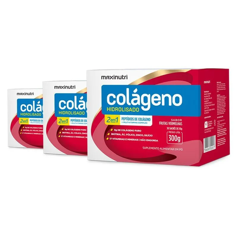 Kit 3 Colágeno Maxinutri 30 Sachês Frutas Vermelhas