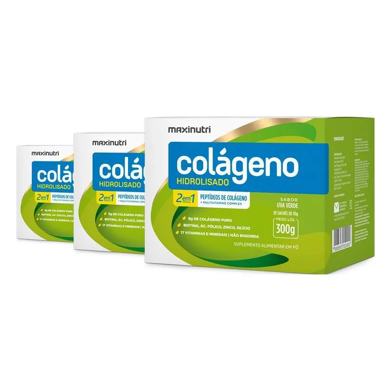 Kit 3 Colágeno Hidrolisado Maxinutri 30 Sachês Uva Verde