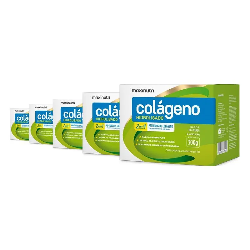 Kit 5 Colágeno Hidrolisado Maxinutri 30 Sachês Uva Verde