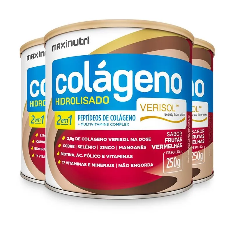 Kit 3 Colágeno Verisol Maxinutri 250g Frutas Vermelhas