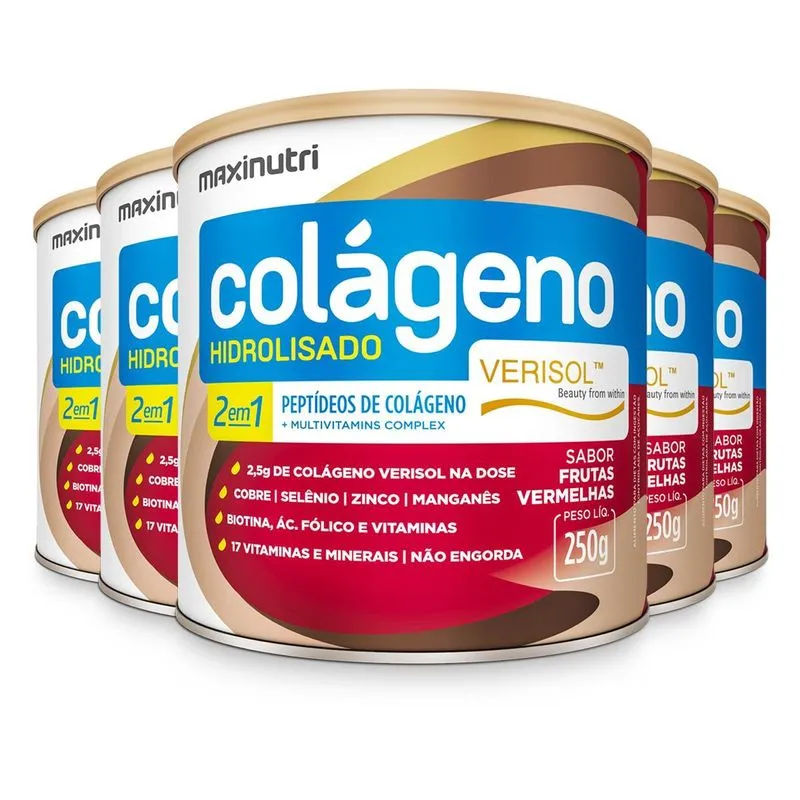 Kit 5 Colágeno Verisol Maxinutri 250g Frutas Vermelhas