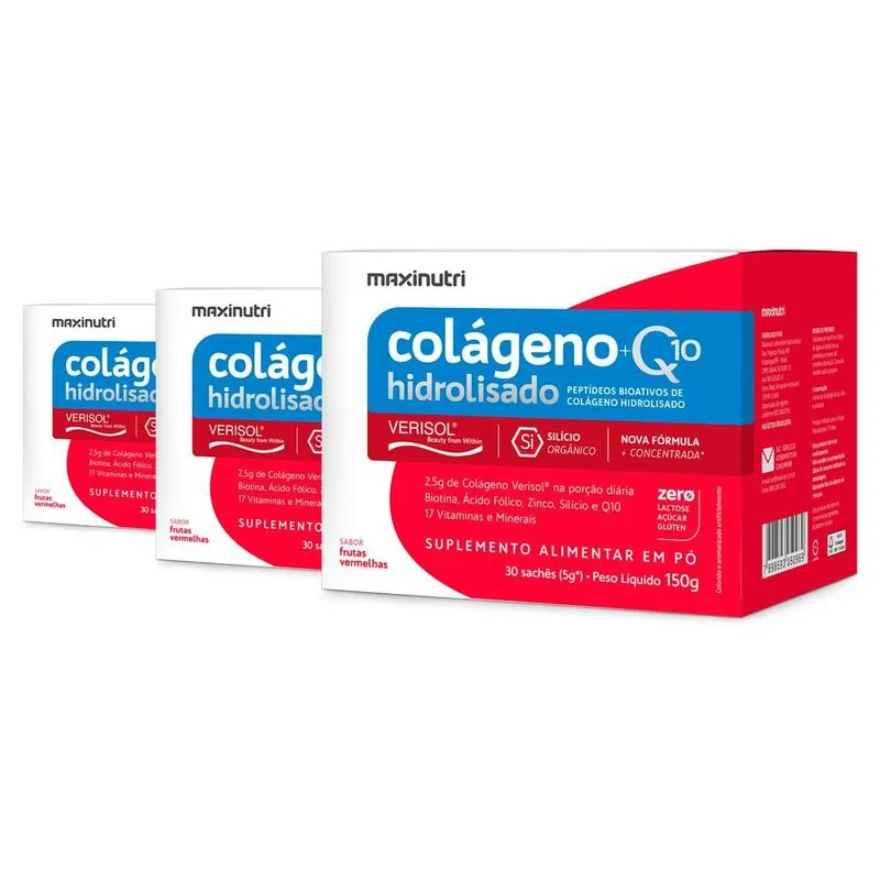 Kit 3 Colágeno + Q10 Maxinutri 30 Sachês Frutas Vermelhas