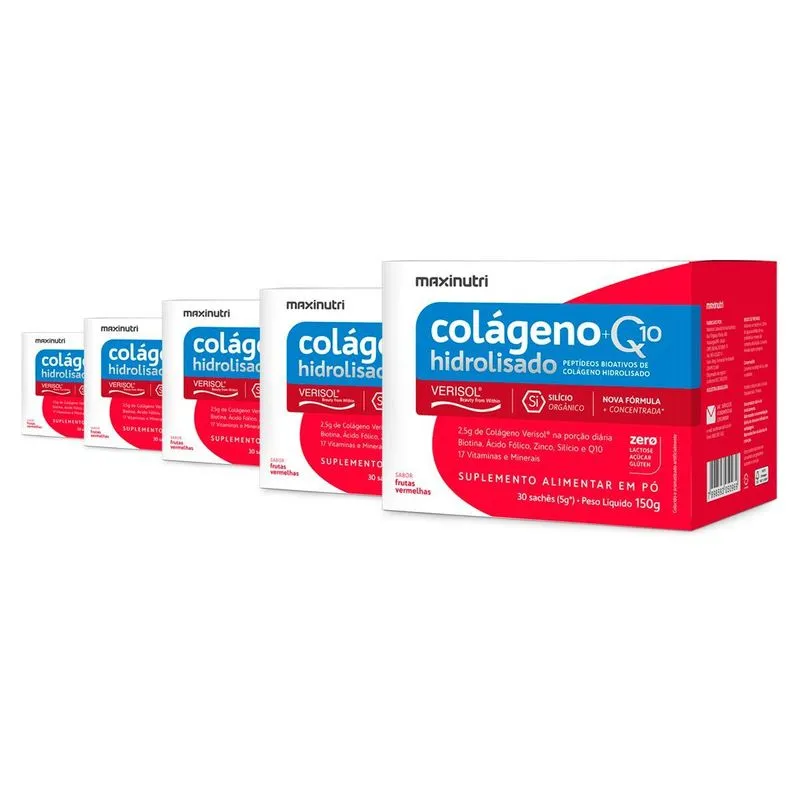 Kit 5 Colágeno + Q10 Maxinutri 30 Sachês Frutas Vermelhas