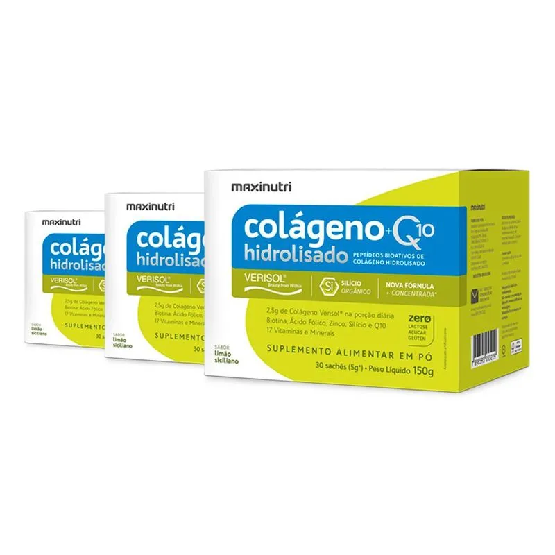 Kit 3 Colágeno + Q10 Maxinutri 30 Sachês Limão Siciliano