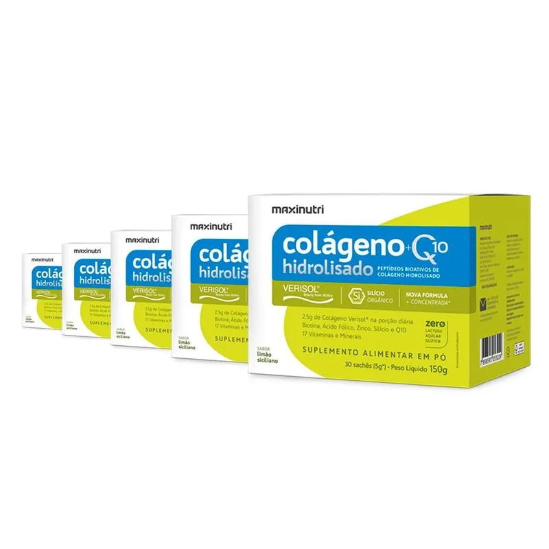 Kit 5 Colágeno + Q10 Maxinutri 30 Sachês Limão Siciliano