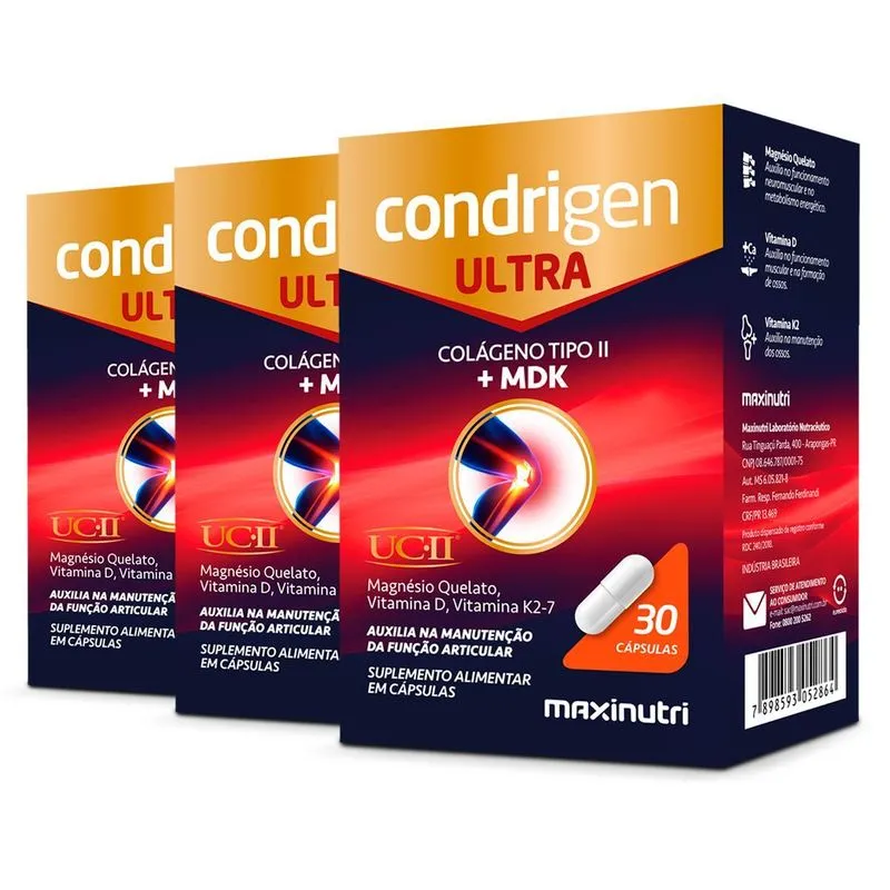 Kit 3 Condrigen Ultra Colágeno + Mdk Maxinutri 30 Cápsulas