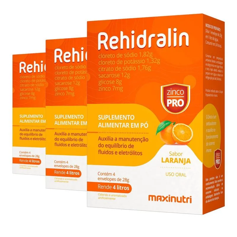 Kit 3 Rehidralin Maxinutri 4 Sachês Laranja