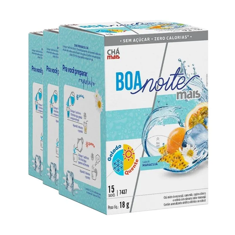 Kit 3 Chá Gelado Chámais Boa Noite Mais Maracujá 15 Sachês