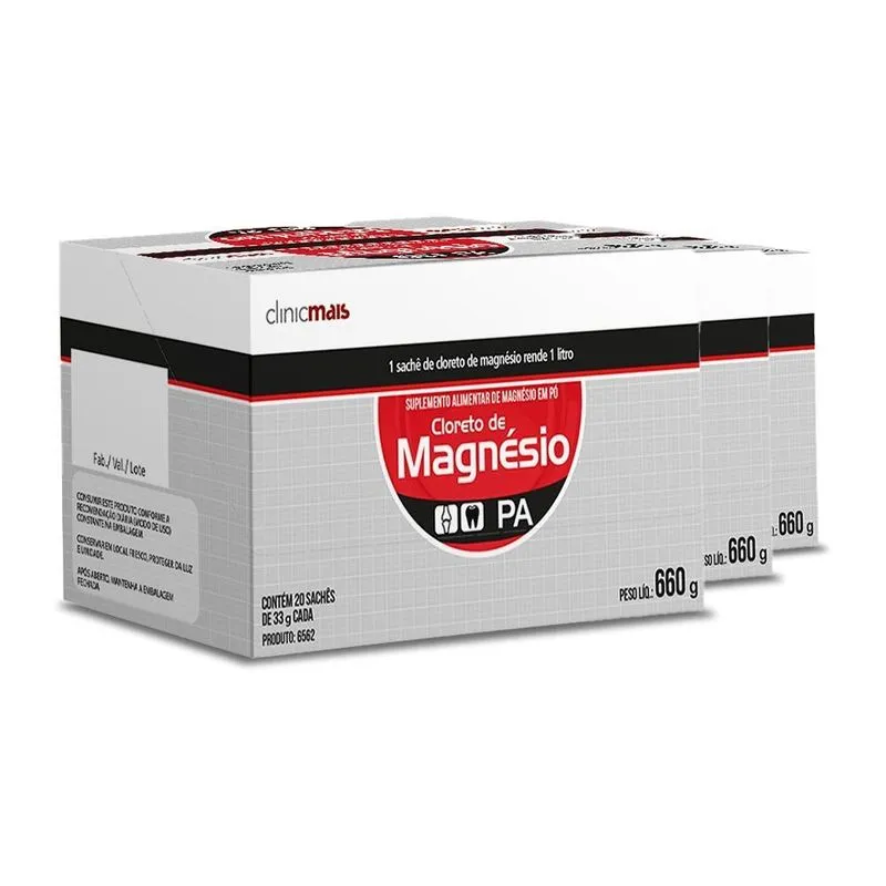 Kit 3 Cloreto De Magnésio P.a Clinicmais 20 Sachês