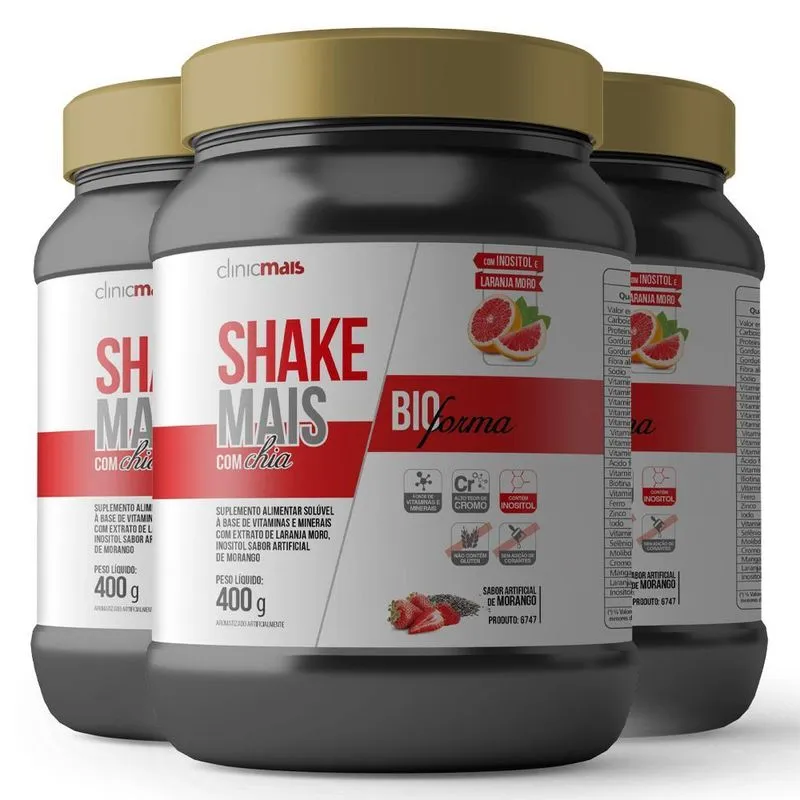Kit 3 Shake Bioforma Com Chia Clinicmais Morango 400g