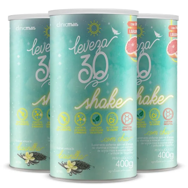 Kit 3 Shake Leveza 30 Com Chia Clinicmais Baunilha 400g