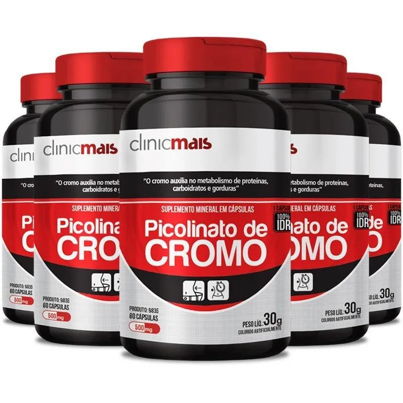 Kit 5 Picolinato De Cromo 500mg Clinicmais 60 Cápsulas