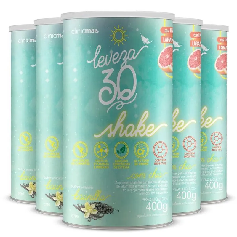 Kit 5 Shake Leveza 30 Com Chia Clinicmais Baunilha 400g