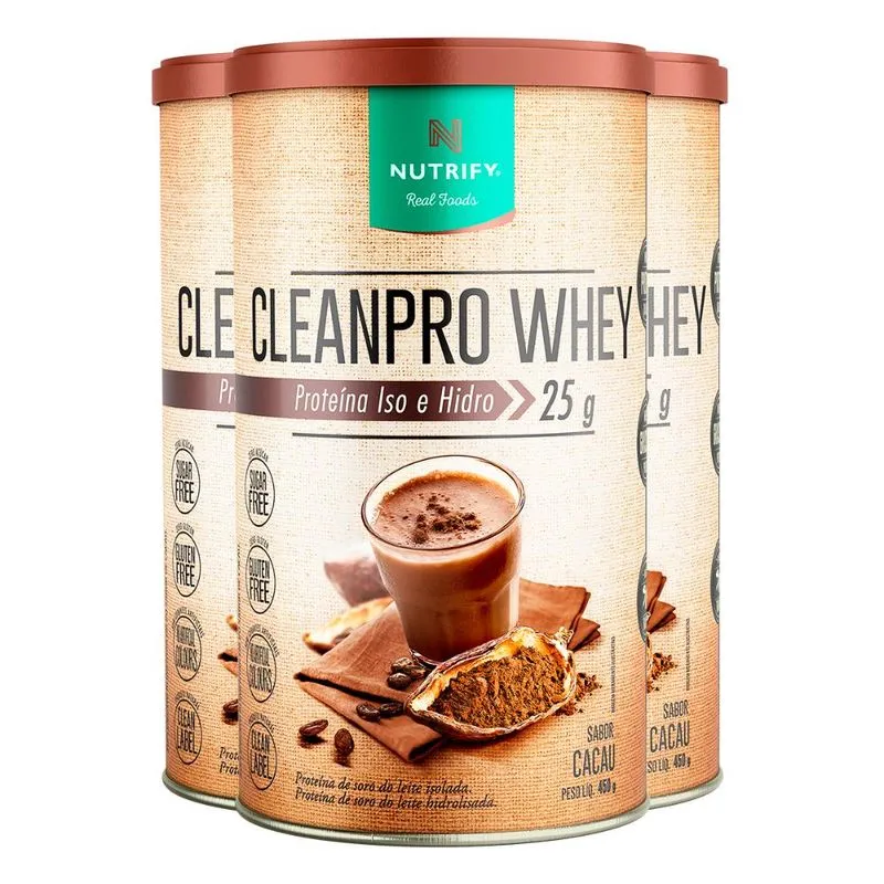 Kit 3 Clean Pro Whey Hidrolisado Cacau Nutrify 450g