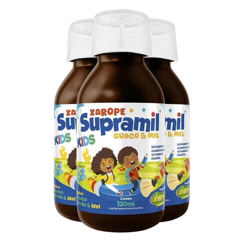 Kit3 Supramil Xarope Infantil Guaco Limão Mel Unilife 120 Ml