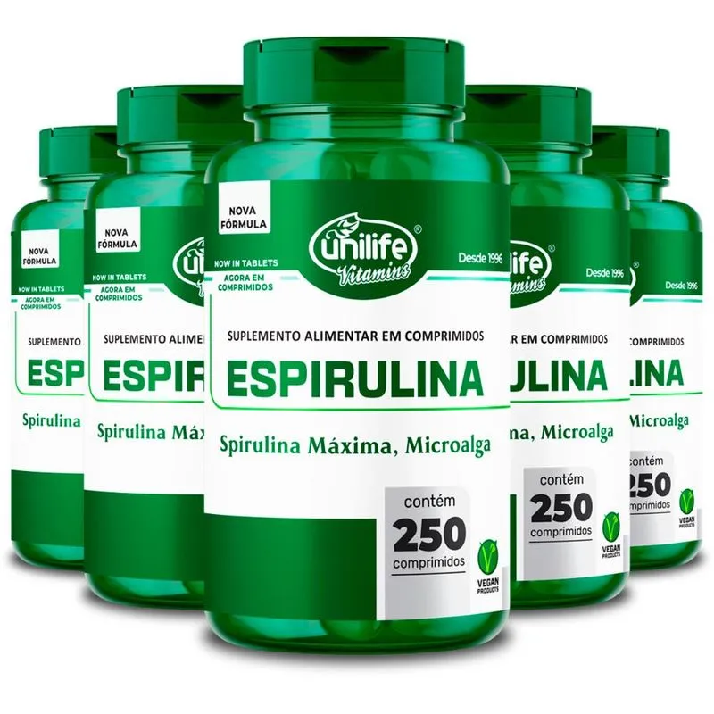 Kit 5 Espirulina Unilife 250 Comprimidos 1000mg