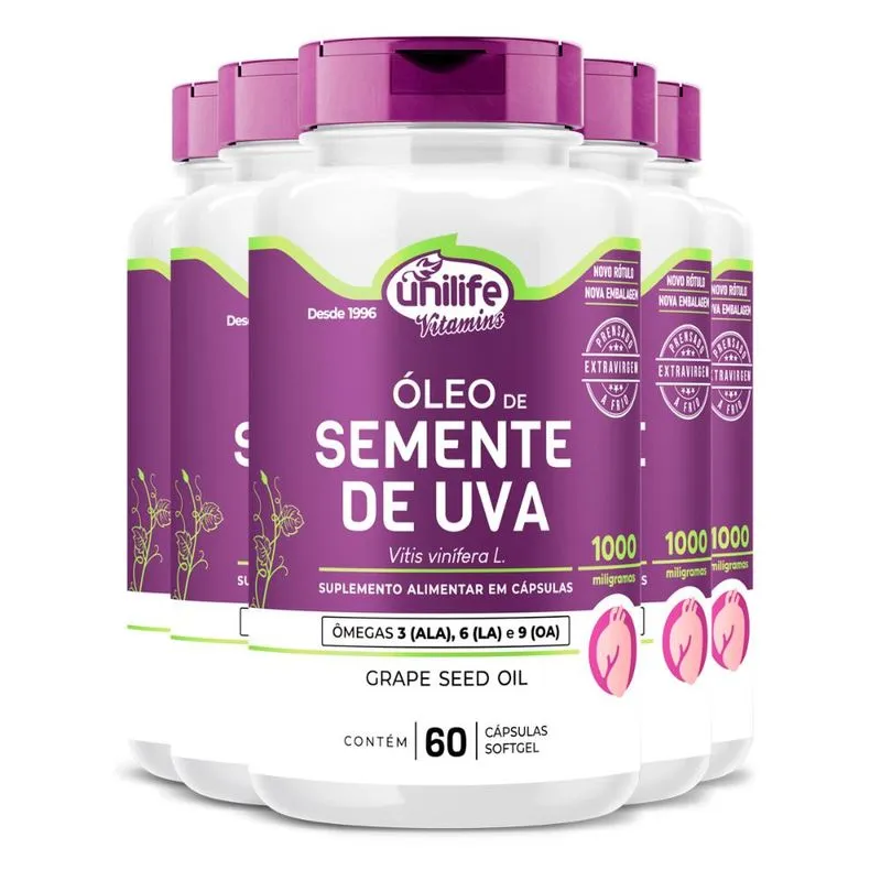 Kit 5 Óleo de Semente de Uva 1000mg Unilife 60 Cápsulas
