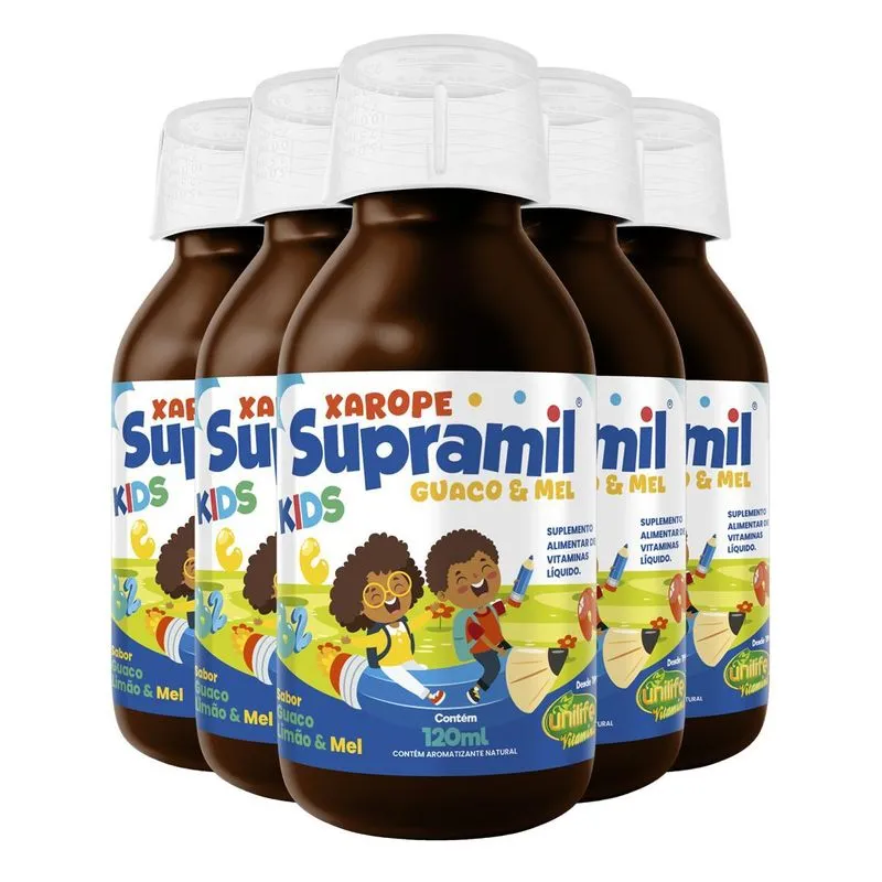 Kit5 Supramil Xarope Infantil Guaco Limão Mel Unilife 120 Ml