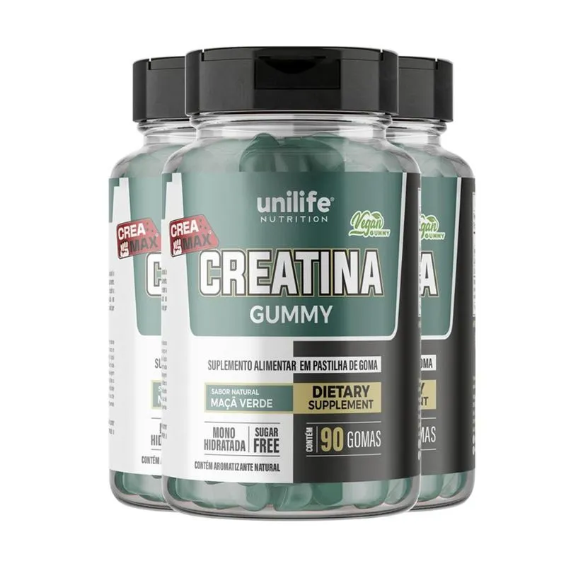 Kit 3 Creatina Gummy Unilife Maça Verde 90 Gomas