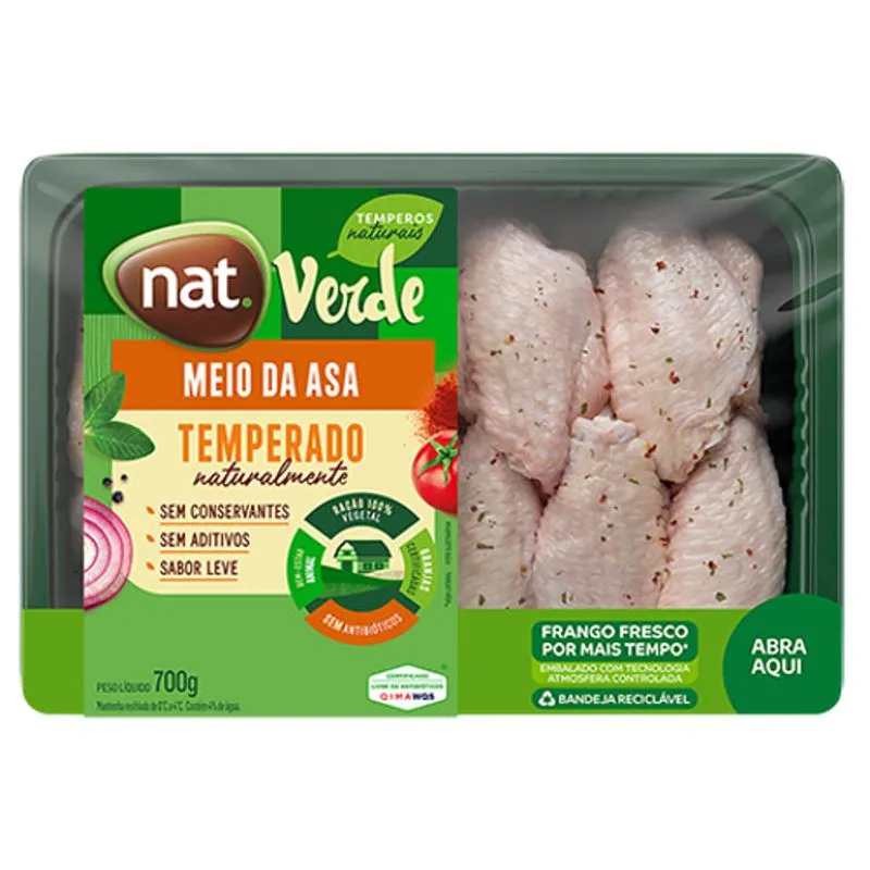 Meio da Asa Frango NAT VERDE Temperado 700g