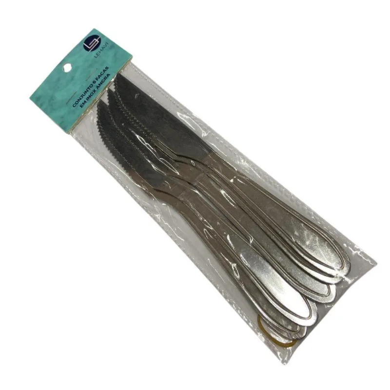 Conjunto com 6 Facas de Mesa Serrilhadas Angra Aço Inox para Refeições Prata Lehaví