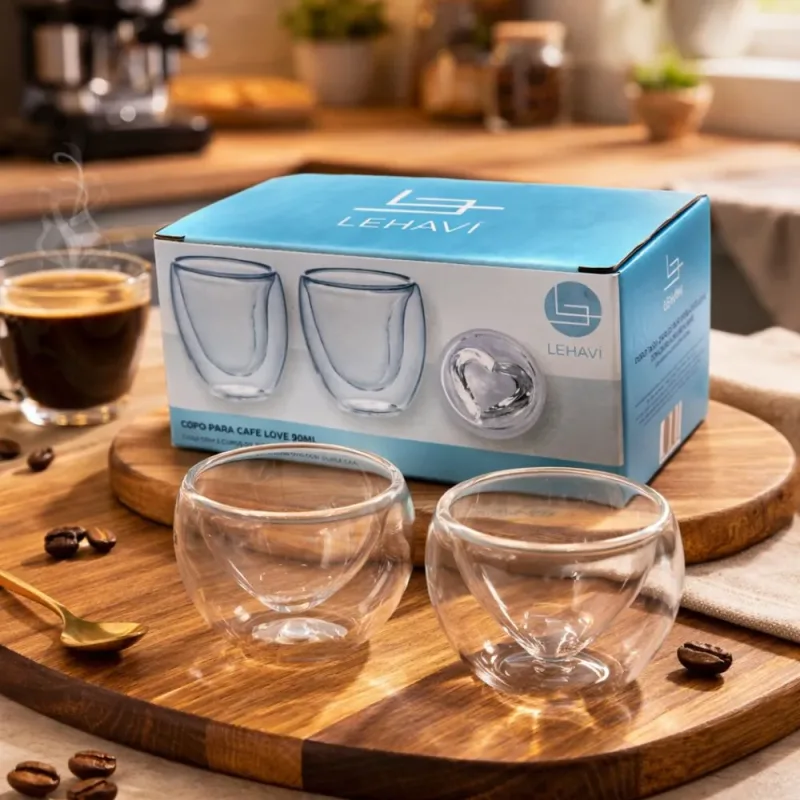 Conjunto Dois Copos Café Borossilicato Love Coração 90ml