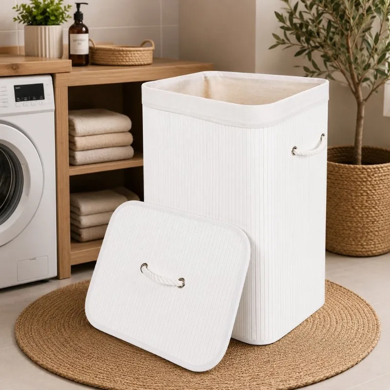 Cesto de Bambu com alças e tampa 70L- Branco