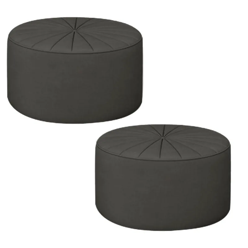 Kit 2 Puffs Decorativos Sala De Estar Round Veludo Cinza