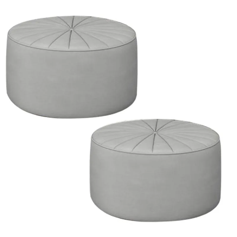 Kit 2 Puffs Decorativos Sala De Estar Round Veludo Cinza