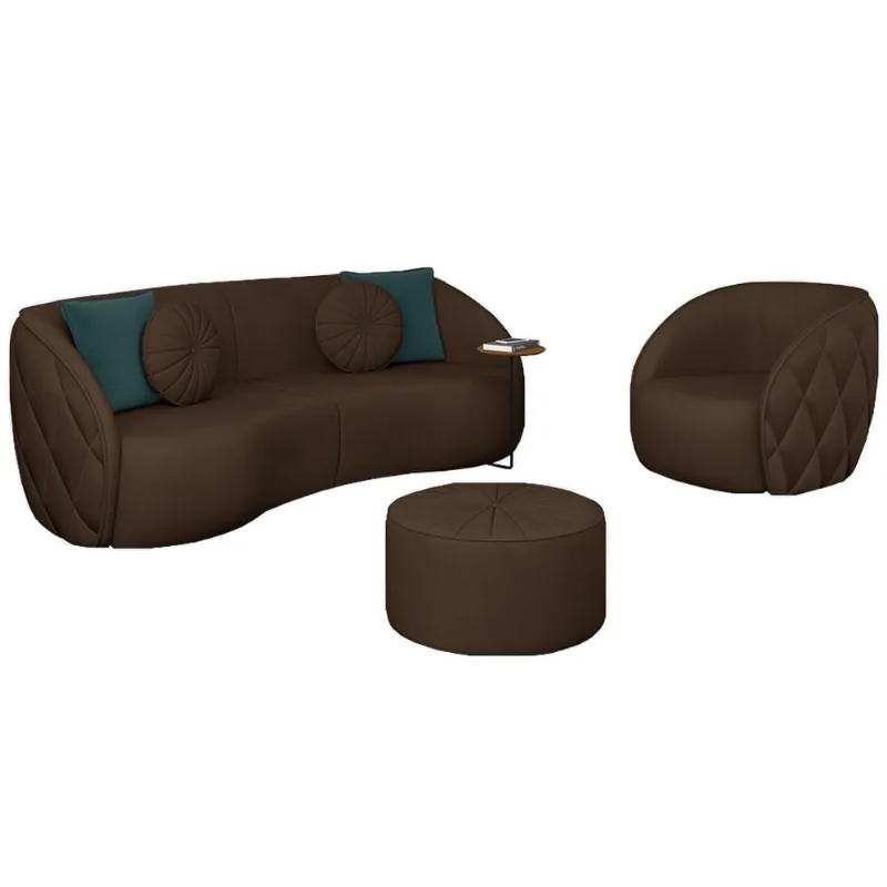 Conjunto Decorativo Sofá 240cm e Poltrona Clarke com Puff Round PU Marrom - Gran Belo