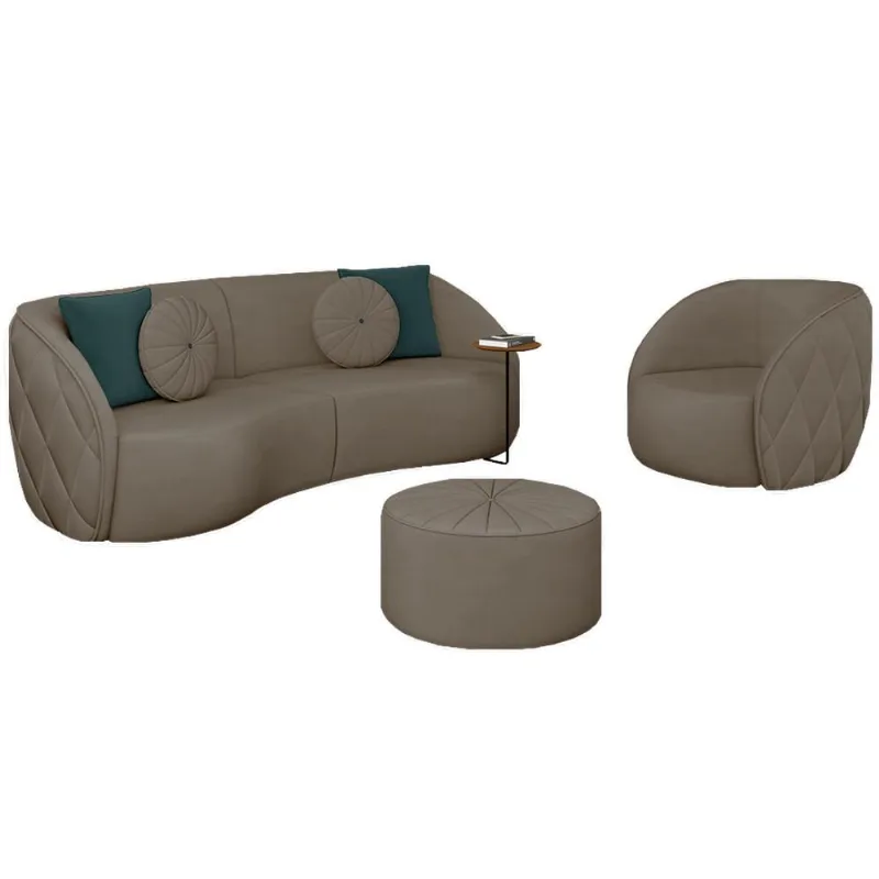 Conjunto Decorativo Sofá 240cm e Poltrona Clarke com Puff Round Veludo Bege - Gran Belo