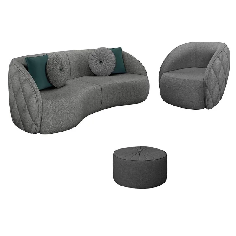 Conjunto Decorativo Sofá 288cm e Poltrona Clarke com Puff Round Linho Chumbo - Gran Belo