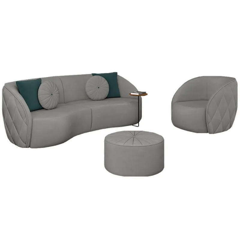 Conjunto Decorativo Sofá 288cm e Poltrona Clarke com Puff Round Veludo Cinza Claro - Gran Belo