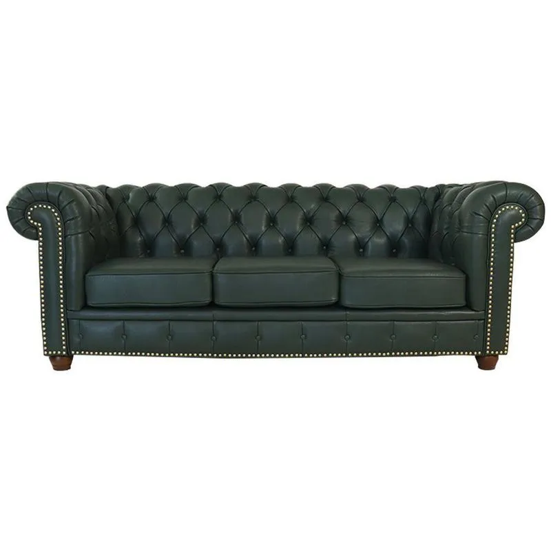 Sofá 3 Lugares 235cm Chesterfield Pés Madeira Couro Verde