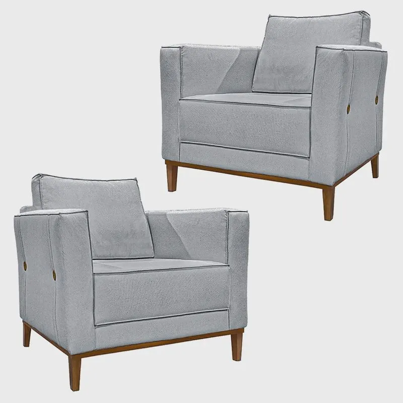 Kit 2 Poltronas Decorativas Pés em Madeira Tarantino Linho Cinza Rustico G63 - Gran Belo