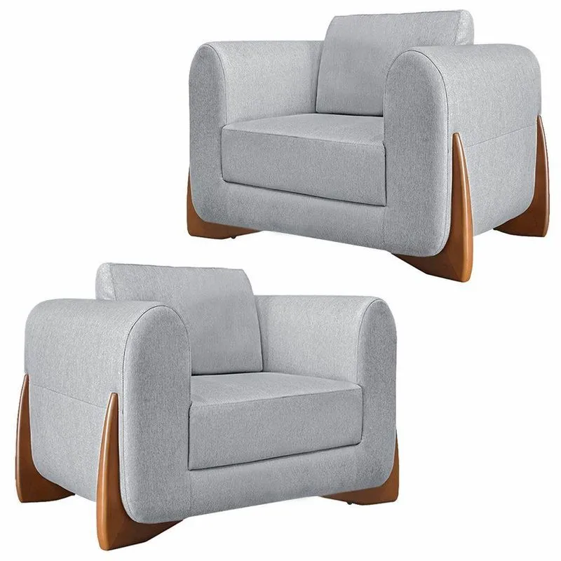 Kit 2 Poltronas Pés Em Madeira Buzz Linho Cinza Rustico