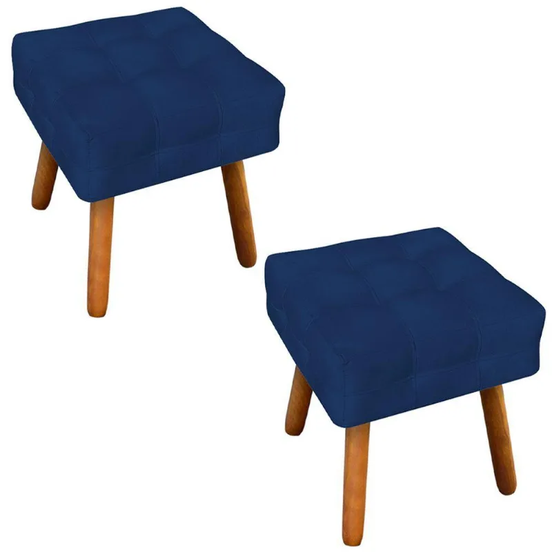 Kit 2 Puffs Decorativos Pés Palito Karen Suede Azul Marinho