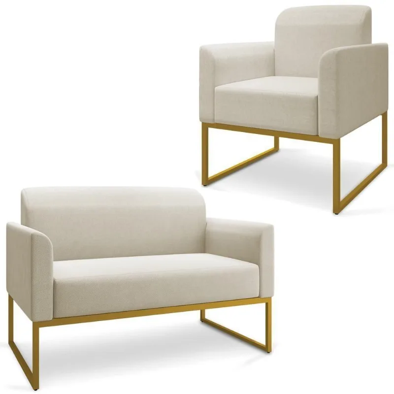 Conjunto Namoradeira e Poltrona Isabella G19 Decorativa Linho Bege Dourado Gran Belo