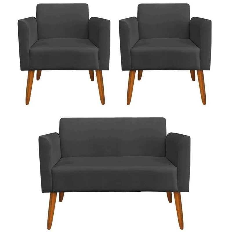Conjunto Namoradeira e 2 Poltronas Isabella Suede Preto com Pés Palito Madeira Gran Belo