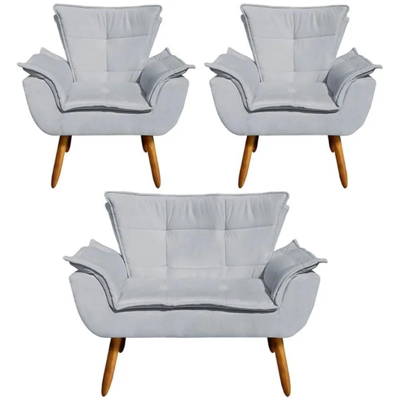 Conjunto 2 Poltronas e 1 Namoradeira Charger G19 Suede Cinza com Pés Palito Gran Belo