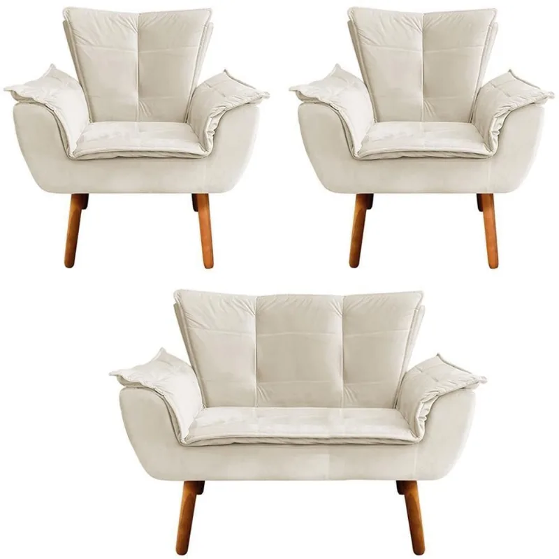 Conjunto 2 Poltronas e 1 Namoradeira Charger Veludo Bege Pés Palito Gran Belo