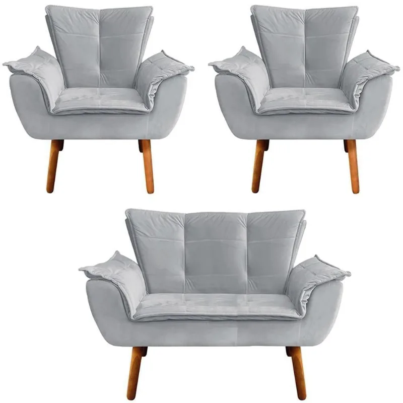 Conjunto 2 Poltronas e 1 Namoradeira Charger G19 Veludo Cinza com Pés Palito Gran Belo